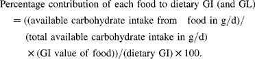 Percentage\,\,contribution\,\,of\,\,each\,\,food\,\,to\,\,dietary\,\,GI\,\,(and\,\,GL)\quad  = ((available\,\,carbohydrate\,\,intake\,\,from\quad food\,\,in\,\,g/d)/\quad \quad \ (total\,\,available\,\,carbohydrate\,\,intake\,\,in\,\,g/d)\quad \quad \ \times (GI\,\,value\,\,of\,\,food))/(dietary\,\,GI)\times 100.