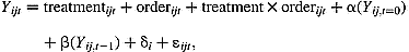 Y _{ ijt } = treatment_{ ijt } + order_{ ijt } + treatment\times order_{ ijt } + \alpha ( Y _{ ij , t = 0}) + \beta ( Y _{ ij , t - 1}) + \delta _{ i } + \varepsilon _{ ijt },