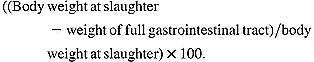 ((Body\,weight\,at\,slaughter - weight\,of\,full\,gastrointestinal\,tract)/body\,weight\,at\,slaughter)\times 100.