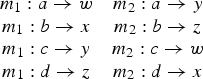 \matrix{m_1\colon a \rightarrow w & m_2 \colon a \rightarrow y\cr m_1\colon b \rightarrow x & m_2 \colon b \rightarrow z\cr m_1\colon c \rightarrow y & m_2 \colon c \rightarrow w\cr m_1\colon d \rightarrow z & m_2 \colon d \rightarrow x}