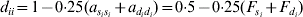 d_{ii} \equals 1 \minus 0{\cdot}25\lpar a_{s_{i} s_{i} } \plus a_{d_{i} d_{i} } \rpar \equals 0{\cdot}5 \minus 0{\cdot}25\lpar F_{s_{i} } \plus F_{d_{i} } \rpar