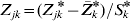 Z_{jk} \equals \lpar Z_{jk}{\hskip-4pt \vskip-2pt{\ast }} \minus \bar{Z}_{k}{\hskip-4pt \vskip-2pt{\ast }} \rpar \sol S_{k}{\hskip-4pt \vskip-2pt{\ast }} 