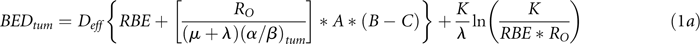 BED_{tum} = D_{eff} \{ {RBE + [ {{{R_O } \over {( {\mu + \lambda } )( {\alpha /\beta } )_{tum} }}} ]*A*( {B - C} )} \} + {K \over \lambda }\ln ( {{K \over {RBE*R_O }}} )