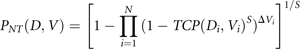 \scale 95% {P_{NT} (D,V) = [ {1 - \prod\limits_{i = 1}^N {(1 - TCP(D_i ,V_i )^S )^{\Delta V_i } } } ]^{1/S}}