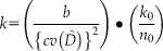 $$k &#x003D; \left({{b \over {\left\{ {cv\left({\hat D} \right)} \right\}^2 }}} \right) \bullet \left({{{k_0 } \over {n_0 }}} \right)$$