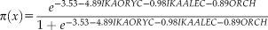 $$\pi \left(x \right) = {{e^{ - 3.53 - 4.89IKAORYC - 0.98IKAALEC - 0.89ORCH} } \over {1 + e^{ - 3.53 - 4.89IKAORYC - 0.98IKAALEC - 0.89ORCH} }}$$