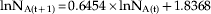 {\rm lnN}_{{\rm A}\lpar {\rm t} \plus \setnum{1}\rpar } \equals 0.6454 \times {\rm lnN}_{{\rm A}\lpar {\rm t}\rpar } \plus 1.8368