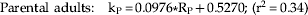 {\rm Parental\ adults}\colon \quad {\rm k}_{\rm P} \equals 0.0976{\vskip2 \ast} {\rm R}_{\rm P} \plus 0.5270\semi \;\lpar {\rm r}^{\setnum{2}} \equals 0.34\rpar