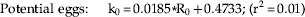 \fleqalign{\hskip0pt{\rm Potential\ eggs}\colon \quad \hskip4pt {\rm k}_{\setnum{0}} \equals 0.0185{\vskip2 \ast} {\rm R}_{\setnum{0}} \plus 0.4733\semi \;\lpar {\rm r}^{\setnum{2}} \equals 0.01\rpar}