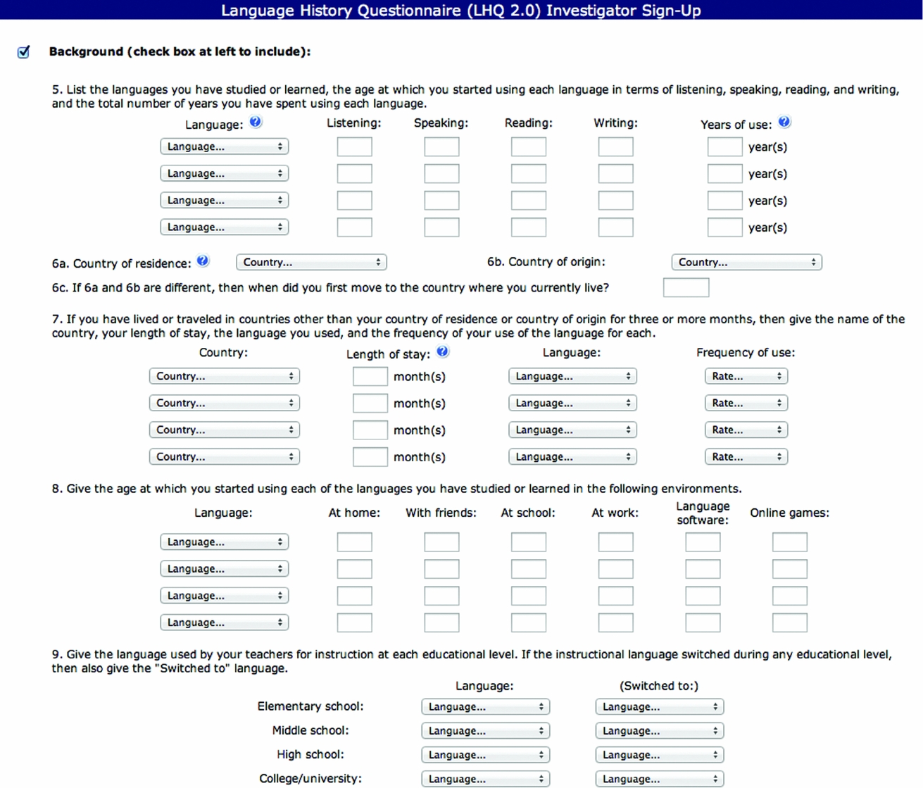 Language history questionnaire (LHQ 2.0) A new dynamic webbased