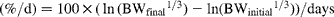 (\%/d) = 100\times (\,ln\,(BW_{final}^{1/3}) - ln(BW_{initial}^{1/3}))/days