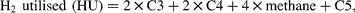 H_{2}\,utilised\,(HU) = 2\times C3 + 2\times C4 + 4\times methane + C5,
