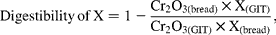 Digestibility\,of\,X = 1 - {{ {Cr_{2}O_{3(bread)}\times X_{(GIT)}}}\over{{Cr_{2}O_{3(GIT)}\times X_{(bread)}}}},