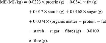 \begin{eqnarray} ME\,(MJ/kg) = 0\cdot 0223\times protein\,(g) + 0\cdot 0341\times fat\,(g) + 0\cdot 017\times starch\,(g) + 0\cdot 0168\times sugar\,(g) + 0\cdot 0074\times (organic\,matter - protein - fat - starch - sugar - fibre)\,(g) - 0\cdot 0109\times fibre\,(g). \end{eqnarray}