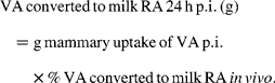 VA\,converted\,to\,milk\,RA\,24\hairsp h\,p.i.\,(g) = g\,mammary\,uptake\,of\,VA\,p.i.\times \%\,VA\,converted\,to\,milk\,RA\, in\,vivo .