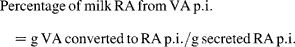 Percentage\,of\,milk\,RA\,from\,VA\,p.i. = g\,VA\,converted\,to\,RA\,p.i./g\,secreted\,RA\,p.i.