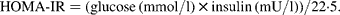 \begin{eqnarray} HOMA\hyphen IR = (glucose\,(mmol/l)\times insulin\,(mU/l))/22\cdot 5. \end{eqnarray}
