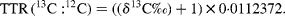 \begin{eqnarray} TTR\,(^{13}C:^{12}C) = (( \delta ^{13}C\permil ) + 1)\times 0\cdot 0112372. \end{eqnarray}