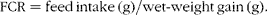\begin{eqnarray} FCR = feed\,intake\,(g)/wet\hyphen weight\,gain\,(g). \end{eqnarray}