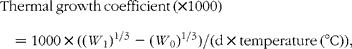 \begin{eqnarray} Thermal\,growth\,coefficient\,(\times 1000) = 1000\times (( W _{1})^{1/3} - ( W _{0})^{1/3})/(d\times temperature\,(\deg C)), \end{eqnarray}
