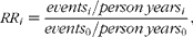 \begin{eqnarray} RR _{ i } = \frac { events _{ i }/ person \, years _{ i }}{ events _{0}/ person \, years _{0}}, \end{eqnarray}