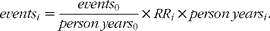 \begin{eqnarray} events _{ i } = \frac { events _{0}}{ person \, years _{0}}\times RR _{ i }\times person \, years _{ i }. \end{eqnarray}