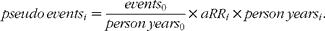 \begin{eqnarray} pseudo \, events _{ i } = \frac { events _{0}}{ person \, years _{0}}\times aRR _{ i }\times person \, years _{ i }. \end{eqnarray}
