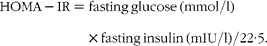 \begin{eqnarray} HOMA - IR = fasting\,glucose\,(mmol/l)\times fasting\,insulin\,(mIU/l)/22\cdot 5, \end{eqnarray}