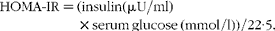 \begin{eqnarray} HOMA\hyphen IR = (insulin (\mu U/ml)\times serum\,glucose\,(mmol/l))/22\cdot 5, \end{eqnarray}