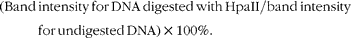 \begin{eqnarray} (Band\,intensity\,for\,DNA\,digested\,with\,HpaII/band\,intensity\,for\,undigested\,DNA)\times 100\%. \end{eqnarray}
