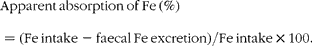 \begin{eqnarray} Apparent\,absorption\,of\,Fe\,(\%) = (Fe\,intake - faecal\,Fe\,excretion)/Fe\,intake\times 100. \end{eqnarray}