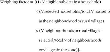 \begin{eqnarray} Weighting\,factor = [(1/ N \,eligible\,subjects\,in\,a\,household)\times ( N \,selected\,households/total\, N \,households\,in\,the\,neighbourhood\,or\,rural\,village)\times ( N \,neighbourhoods\,or\,rural\,villages\,selected/total\, N \,of\,neighbourhoods\,or\,villages\,in\,the\,zone)]. \end{eqnarray}