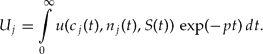 \begin{equation}
U_j = \int\limits_0^\infty u (c_j (t),n_j (t),S(t))\,\exp ( - pt)\,dt.\end{equation}