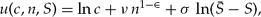 \begin{equation}
u(c,n,S) = \ln c + \nu \,n^{1 - \in } + \sigma \,\ln (\bar S - S), %
\end{equation}