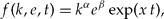 \begin{equation}
f(k,e,t) = k^\alpha e^\beta \exp (x\,t), \end{equation}