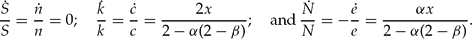 \begin{eqnarray}
\frac{{\dot S}}{S} = \frac{{\dot n}}{n} = 0;\quad \frac{{\dot k}}{k} = \frac{{\dot c}}{c} = \frac{{2x}}{{2 - \alpha (2 - \beta )}};\quad {\rm and}\,\frac{{\dot N}}{N} = - \frac{{\dot e}}{e} = \frac{{\alpha x}}{{2 - \alpha (2 - \beta )}}.\qquad \end{eqnarray}