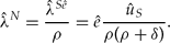 \begin{equation}
\hat \lambda ^N = \frac{{\hat \lambda ^{S{\hat e} } }}{\rho } = \hat e\frac{{\hat u_S }}{{\rho (\rho + \delta )}}. \end{equation}