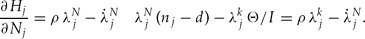\begin{equation}
\frac{\partial H_j}{\partial N_j}=\rho\,\lambda^N_j-\dot\lambda^{N}_j\quad \lambda
^{N}_j\,(n_j-d)-\lambda^k_j\,\Theta/I= \rho\,\lambda^k_j-\dot\lambda^{N}_j. \end{equation}