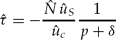 \begin{equation}
\hat \tau = - \frac{{\hat N\,\hat u_S }}{{\hat u_c }}\frac{1}{{p + \delta }} \end{equation}