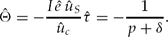 \begin{equation}
\hat \Theta = - \frac{{I\hat e\,\hat u_S }}{{\hat u_c }}\hat \tau = - \frac{1}{{p + \delta }}. \end{equation}
