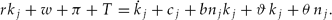 \begin{equation}
rk_j + w + \pi + T = \dot k_j + c_j + bn_j k_j + \vartheta \,k_j + \theta \,n_j . \end{equation}