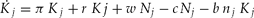 $\dot K_j = \pi \,K_j + r\,Kj + w\,N_j - cN_j - b\,n_j \,K_j$