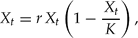 \begin{equation}
X_t = rX_t \left({1 - \frac{{X_t}}{K}} \right),\end{equation}
