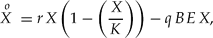 \begin{equation}
\mathop {X\,\,}\limits^o = rX\left({1 - \left({\frac{X}{K}} \right)} \right) - qBEX,\end{equation}