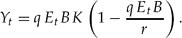 \begin{equation}
Y_t = qE_t BK\left({1 - \frac{{qE_t B}}{r}} \right).\end{equation}