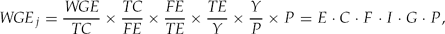 \begin{equation}
{\it WGE}_j = \frac{{\it WGE}}{{\it TC}} \times \frac{{\it TC}}{{\it FE}} \times \frac{{\it FE}}{{\it TE}} \times \frac{{\it TE}}{Y} \times \frac{Y}{P} \times P = E \cdot C \cdot F \cdot I \cdot G \cdot P,\end{equation}