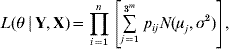 L\lpar \theta \, \vert \, {\bf Y}\comma {\bf X}\rpar \equals \prod\limits_{i \equals \setnum{1}}^{n} \,\left[ {\mathop{\sum}\limits_{j \equals \setnum{1}}^{\setnum{3}^{m} } \,p_{ij} N\lpar \mu _{j} \comma \sigma ^{\setnum{2}} \rpar } \right]\comma