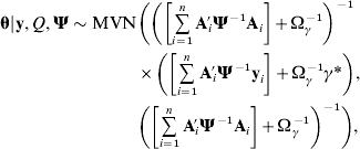 \eqalign {{\bmtheta }\vert {\bf y}\comma Q\comma {\bmPsi } \sim {\rm MVN} \tab \left( {\left( {\left[ {\mathop \sum\limits_{i \equals \setnum{1}}^{n} {{\bf A}_{i}}{\!\!\prime}\, {\bmPsi }^{ \minus \setnum{1}} {\bf A}_{i} } } \right] \plus \rmOmega _{\gamma }^{ \minus \setnum{1}} } \right)^{ \minus \setnum{1}}  }\right\cr   \tab\times{ \left( {\left[ {\mathop \sum\limits_{i \equals \setnum{1}}^{n} {{\bf A}_{i}{\!\!\prime}\, {\bmPsi }^{ \minus \setnum{1}} {\bf y}_{i} } } \right] \plus \rmOmega _{\gamma }^{ \minus \setnum{1}} \gamma \ast } \right)\comma } \cr \tab\left( {\left[ {\mathop\sum\limits_{i \equals \setnum{1}}^{n} {{\bf A}_{i}{\!\!\prime}\, {\bmPsi }^{ \minus \setnum{1}} {\bf A}_{i} } }\right] \plus \rmOmega _{\gamma }^{ \minus \setnum{1}} } } \right)^{ \minus \setnum{1}}  \bigg)\comma\ \quad \!\!