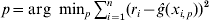 p \equals \arg \ \min _{p} \sum\nolimits_{i \equals \setnum{1}}^{n} {\lpar r_{i} \minus \hat{g}\lpar x_{i\comma p} \rpar \rpar ^{\setnum{2}} }