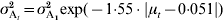 \sigma _{{\rm A}_{t} }^{\setnum{2}} \equals \sigma _{{\rm A}_{\setnum{1}} }^{\setnum{2}} {\rm exp}\lpar \minus 1{\cdot}55 \cdot \vert \mu _{t} \minus 0{\cdot}051\vert \rpar